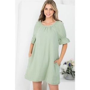 Sage Green Scoop Neck Bow Tie Shift Dress